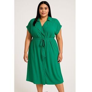 Eloquii Tie Belt Belted Green Midi Shirt Dress